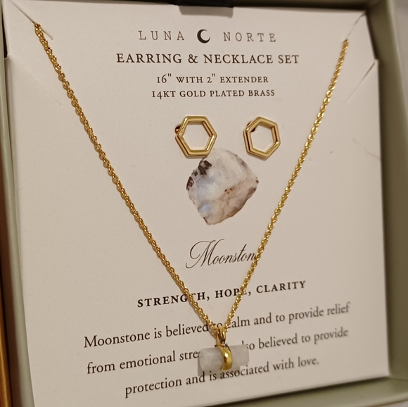 2 PC LUNA NORTE 14K GP HEXAGON EARRINGS & NECKLACES WITH MOONSTONE GEMSTONE - Picture 3 of 12